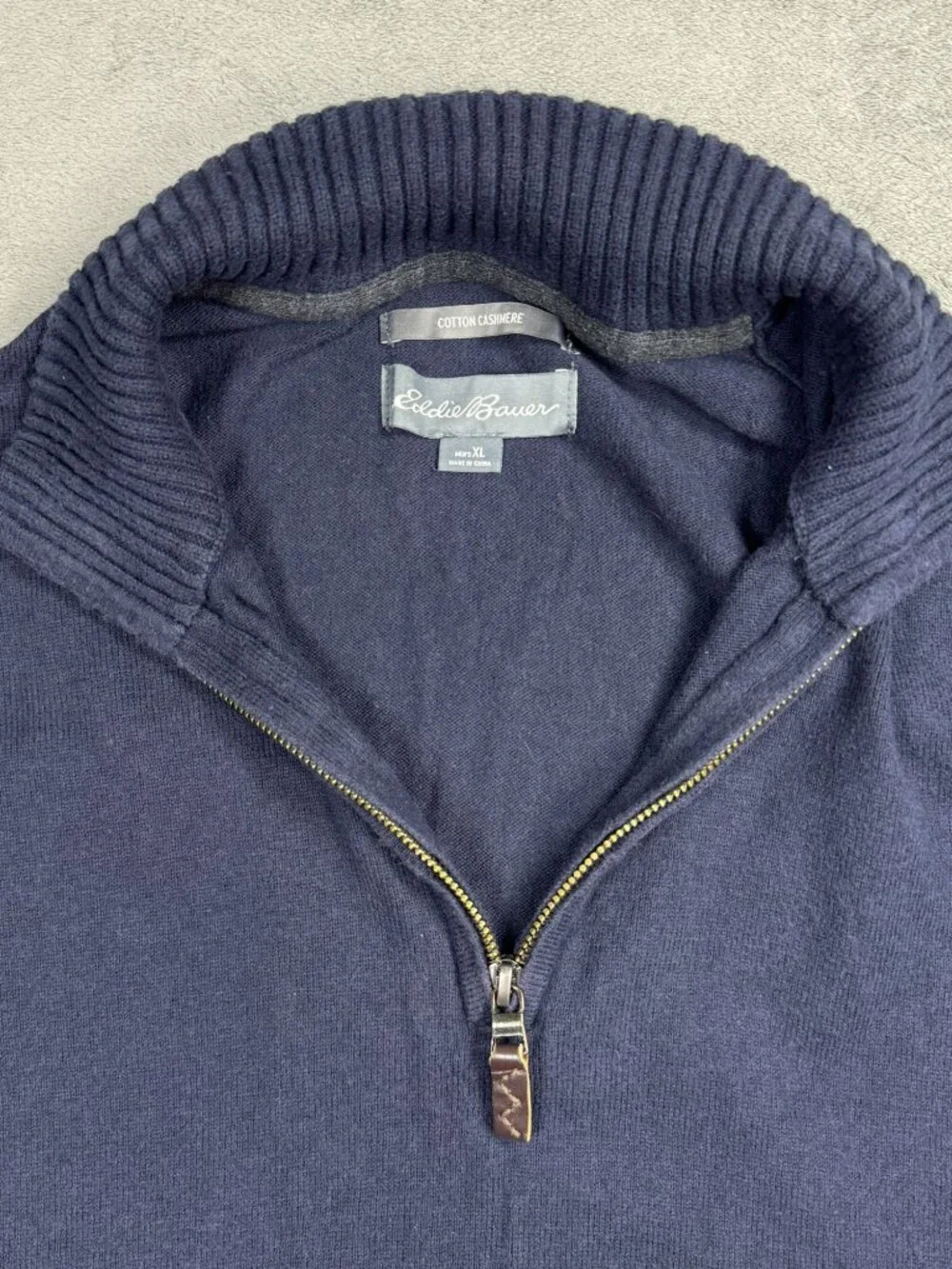 Eddie Bauer Cotton Cashmere Navy Quarter Zip Sweater Mens XL Preppy Quiet Luxury
